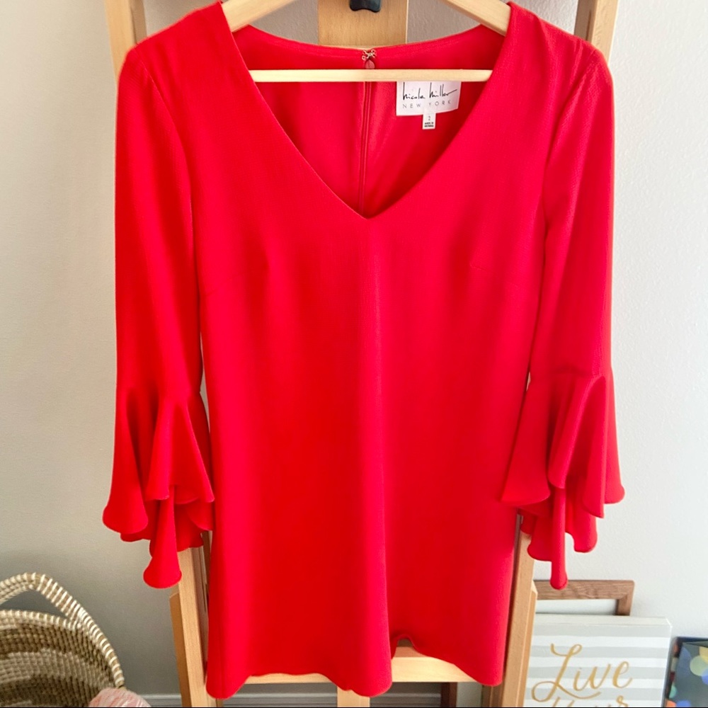 Nicole Miller Red Bell Sleeve Sheath Dress